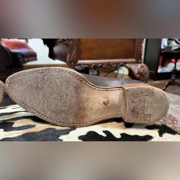 MIU MIU Distressed Leather Studded Ankle Boots - Picture 7 of 8